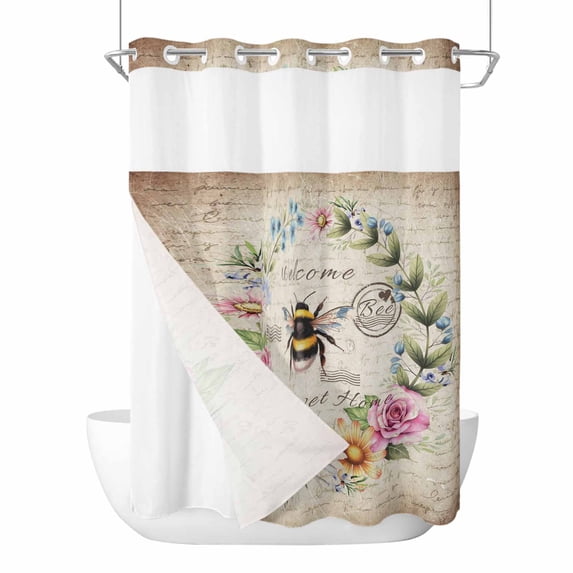 Spring Flowers No Hooks Shower Curtain with Snap-in Liner Watercolor Country White Yellow Pink Floral Bee Vintage Paper Shower Curtains for Bathroom, Waterproof, Easy Install, Washable 72"x96"