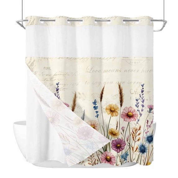 Spring Flowers No Hooks Shower Curtain with Snap-in Liner Watercolor Pastoral Style Retro Shower Curtains for Bathroom, Waterproof, Easy Install, Washable 66"x72"