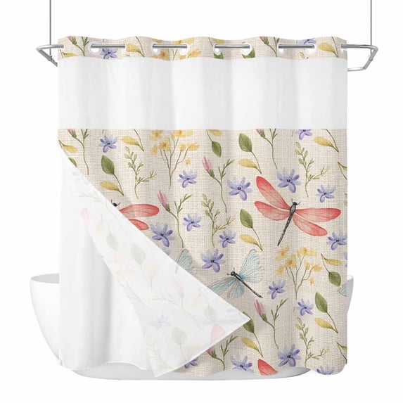 Spring Flowers No Hooks Shower Curtain with Snap-in Liner Watercolor Red Dragonfly Purple Yellow Floral Leaf Linen Texture Shower Curtains for Bathroom, Waterproof, Easy Install, Washable 72"x78"