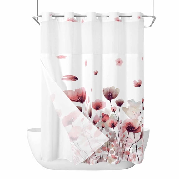 Spring Flowers No Hooks Shower Curtain with Snap-in Liner Watercolor Red Pink Floral Leaf Plant Shower Curtains for Bathroom, Waterproof, Easy Install, Washable 48"x72"