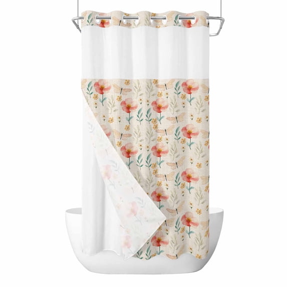 Spring Flowers No Hooks Shower Curtain with Snap-in Liner Watercolor Yellow Dragonfly Red Floral Leaf Linen Texture Shower Curtains for Bathroom, Waterproof, Easy Install, Washable 36"x78"