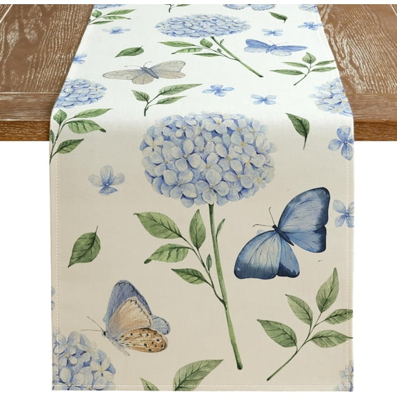 Spring Flowers Hydrangea Blue Table Runner 90x13 Inches, Floral Butterfly Farmhouse Seasonal Indoor Outdoor Anniversary Table Decoration for Home