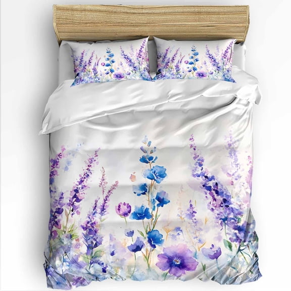 Spring Flowers King Size Comforter Set, Idyllic Purple Blue Lavender Soft Bedding for All Seasons, 4 Pcs Bed Set with 1Comforter (90"x106") ,1 Sheet(94"x116"), 2 Pillowcases (19"x35")