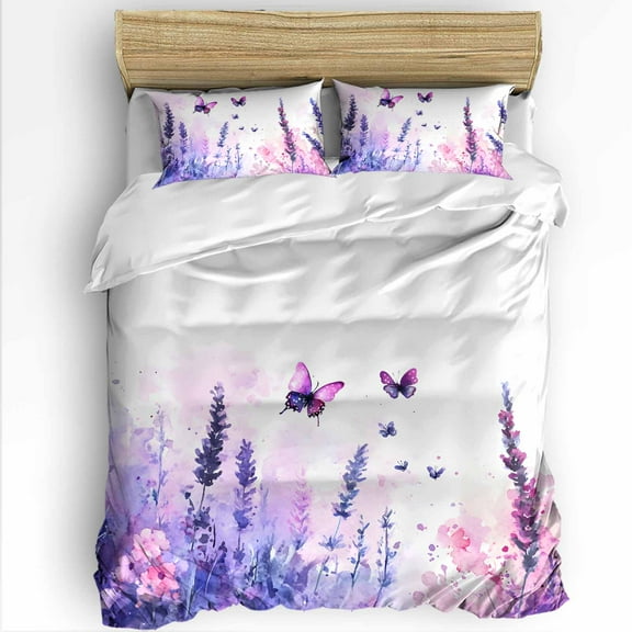 Spring Flowers King Size Comforter Set, Purple Lavender Butterfly Soft Bedding for All Seasons, 4 Pcs Bed Set with 1Comforter (90"x106") ,1 Sheet(94"x116"), 2 Pillowcases (19"x35")