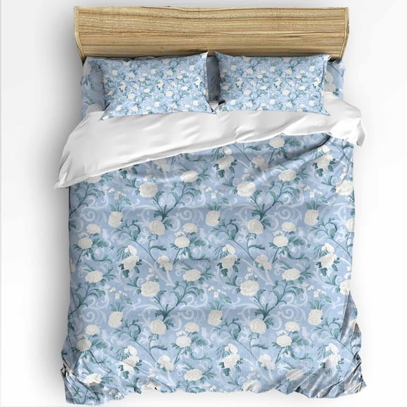 Spring Flowers King Size Comforter Set, Retro White Floral Blue Retro Texture Soft Bedding for All Seasons, 4 Pcs Bed Set with 1Comforter (90"x106") ,1 Sheet(94"x116"), 2 Pillowcases (19"x35")