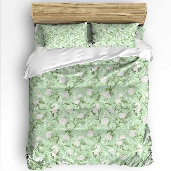 Spring Flowers King Size Comforter Set, Retro White Floral Teal Retro Texture Soft Bedding for All Seasons, 4 Pcs Bed Set with 1Comforter (90"x106") ,1 Sheet(94"x116"), 2 Pillowcases (19"x35")