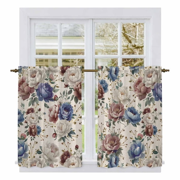 Spring Flowers Kitchen Curtain for Berdoom Living Room Cafe 45 Inch Length, Farmhouse Botanical Seasonal Floral Herbs Tiers Curtains Light Filtering Drapes Window Treatment 2 Panels 52"Wx45"L