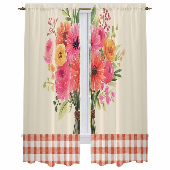 Spring Flowers Kitchen Curtain for Berdoom Living Room Cafe 72 Inch Length, Vintage Pastoral Floral Leaves Farm Checkered Tiers Curtains Light Filtering Drapes Window Treatment 2 Panels 52"Wx72"L