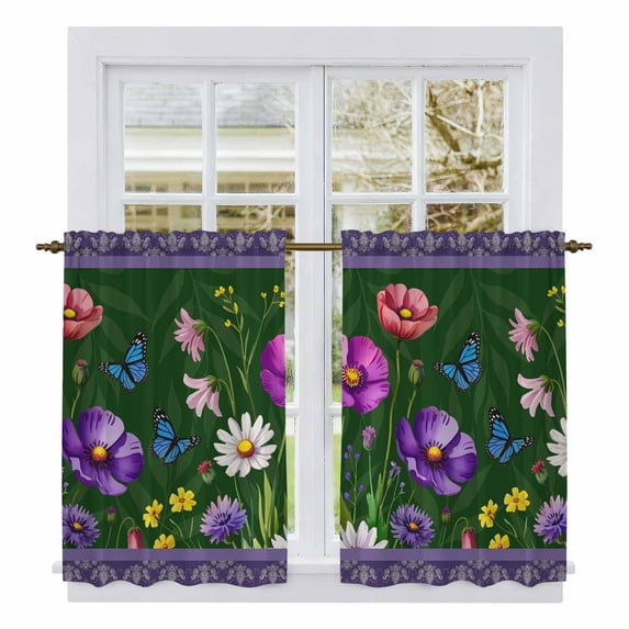 Spring Flowers Kitchen Curtains 45 Inch Length, Boho Botanical Budding Garden Florals Tiers Curtains for Bathroom Bedroom Cafe, Light Filtering Small Window Treatment Short Drapes 2 Panels 42"Wx45"L