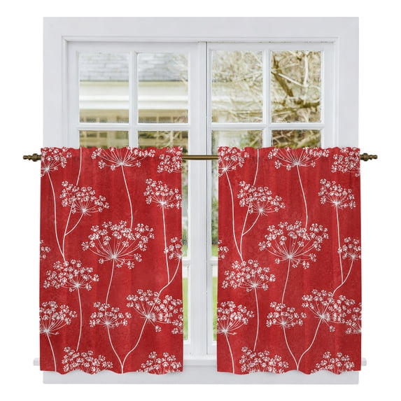 Spring Flowers Kitchen Curtains 45 Inch Length, Retro Country Dandelion Floral Red Tiers Curtains for Bathroom Bedroom Cafe, Light Filtering Small Window Treatment Short Drapes 2 Panels 42"Wx45"L