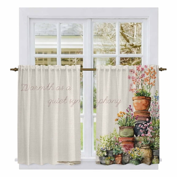 Spring Flowers Kitchen Curtains 54 Inch Length, Botanical Blossom Floral Pot Plants Tiers Curtains for Bathroom Bedroom Cafe, Light Filtering Small Window Treatment Short Drapes 2 Panels 42"Wx54"L