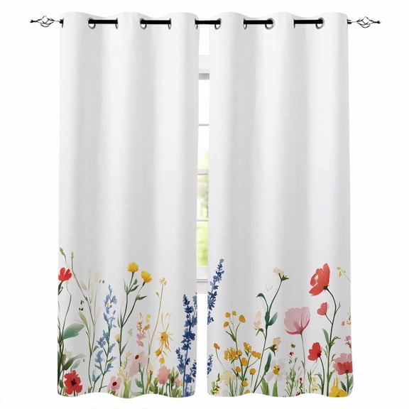 Spring Flowers Kitchen Curtains Simple Botanical Wildflowers Herbs Cafe Short Curtains for Bathroom Blackout Window Curtain Grommet Small Window Treatment Drapes for Bedroom Living Room 27.5"x39"x2