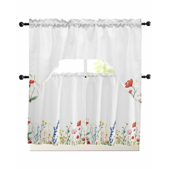 Spring Flowers Kitchen Curtains Swag Valance and Tier Curtains Set 24 Inch Length, Simple Botanical Wildflowers Herbs Rod Pocket Drape Panels Pair Swag Curtain for Bathroom/Cafe/Window
