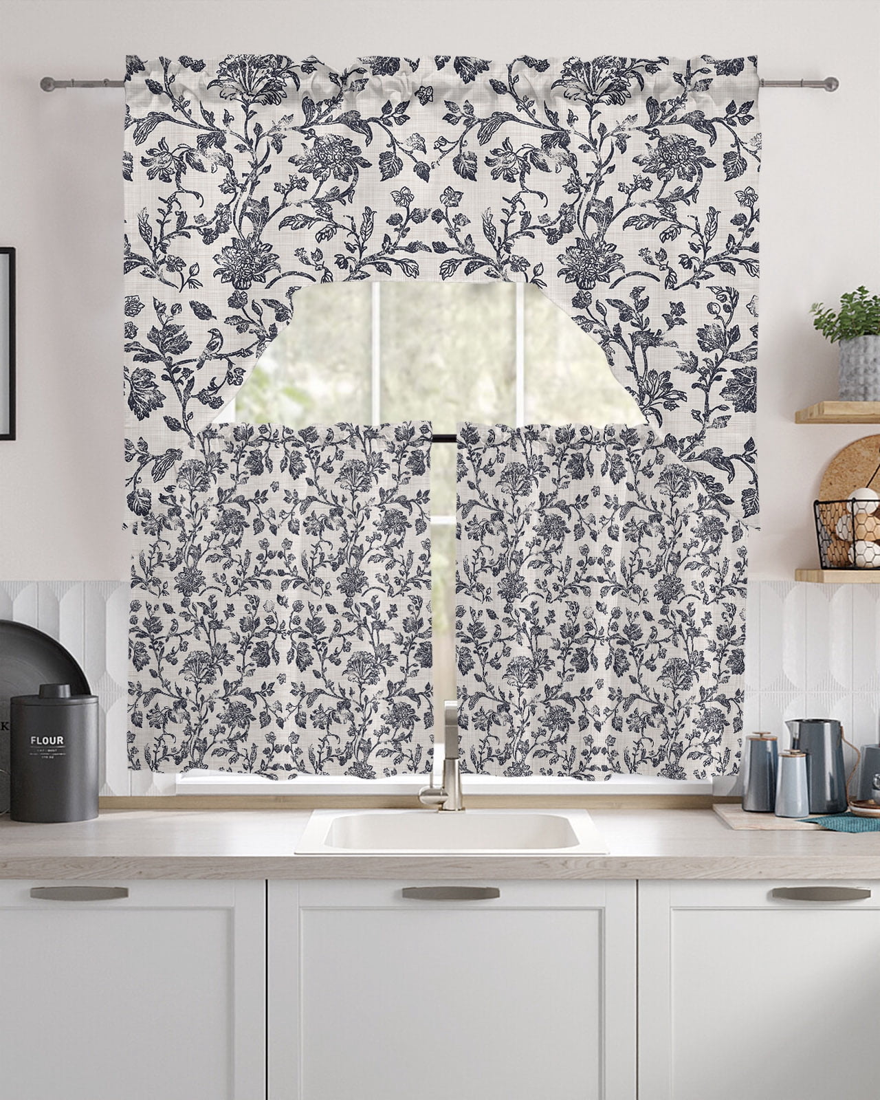 Spring Flower Simpl Spring Flowers Kitchen Curtains and Valance Set, Farmhouse Dark Blue ...
