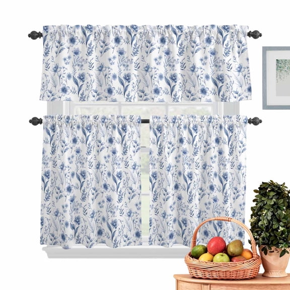 Spring Flowers Kitchen Curtains Valances 3 Piece Set, Blue Orchids Plant Leaves Rod Pocket Tier Curtain and Valance Drapes for Small Window 24 Inch Length for Bedroom Cafe