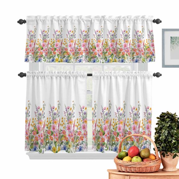 Spring Flowers Kitchen Curtains Valances 3 Piece Set, Country Colorful Wildflowers Field Botanical Rod Pocket Tier Curtain and Valance Drapes for Small Window 24 Inch Length for Bedroom Cafe