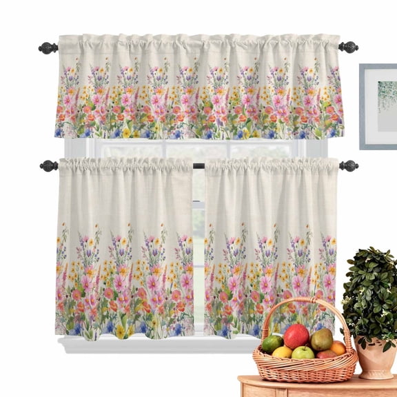 Spring Flowers Kitchen Curtains Valances 3 Piece Set, Country Colorful Wildflowers Field Retro Linen Rod Pocket Tier Curtain and Valance Drapes for Small Window 24 Inch Length for Bedroom Cafe