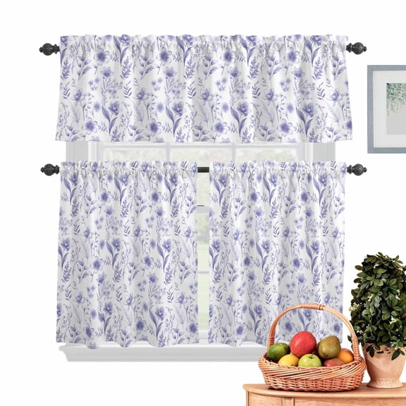 Spring Flowers Kitchen Curtains Valances 3 Piece Set, Purple Orchids Plant Leaves Rod Pocket Tier Curtain and Valance Drapes for Small Window 36 Inch Length for Bedroom Cafe