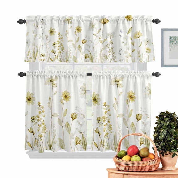 Spring Flowers Kitchen Curtains Valances 3 Piece Set, Watercolor Light Yellow Floral Leaf Plant Beige Background Rod Pocket Tier Curtain and Valance Drapes for Small Window 24 Inch Length for Bedroom