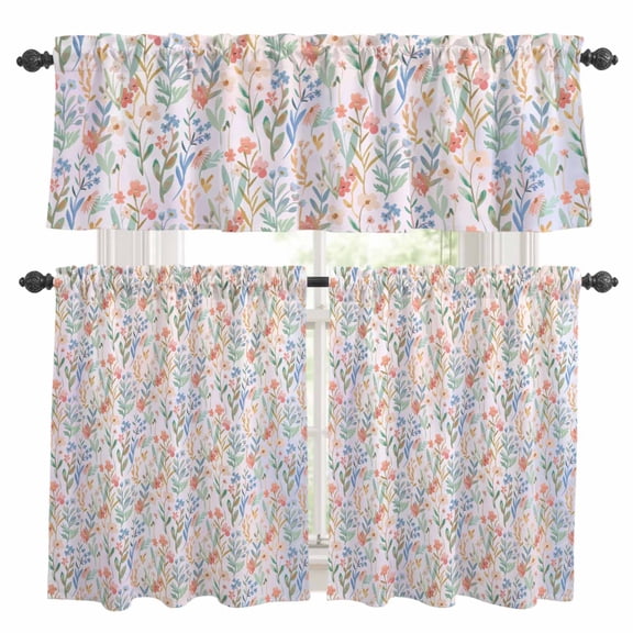 Spring Flowers Kitchen Curtains Valances and Tiers 3pcs Colorful Gradient Wildflowers Field Farm Plant Tier Curtains and Valance Rod Pocket Valance Curtains Set for Kitchen Bathroom 27.5"x24"
