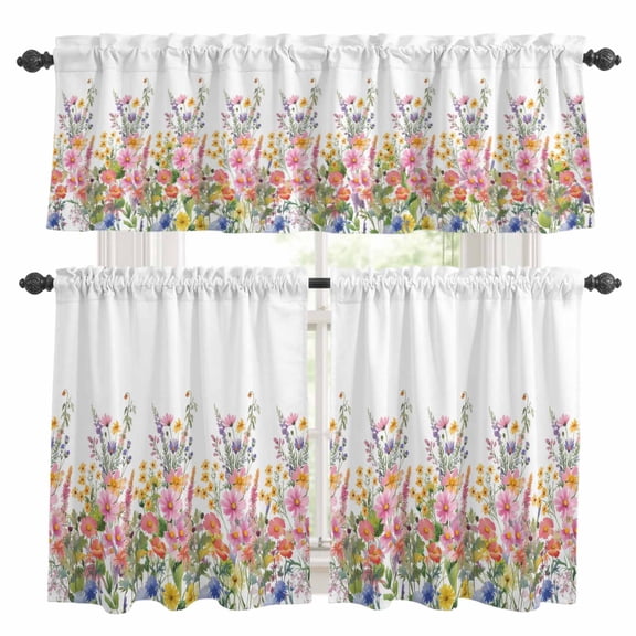 Spring Flowers Kitchen Curtains Valances and Tiers 3pcs Country Colorful Wildflowers Field Botanical Tier Curtains and Valance Rod Pocket Valance Curtains Set for Kitchen Bathroom 27.5"x24"