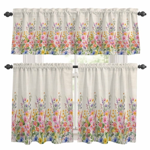 Spring Flowers Kitchen Curtains Valances and Tiers 3pcs Country Colorful Wildflowers Field Retro Linen Tier Curtains and Valance Rod Pocket Valance Curtains Set for Kitchen Bathroom 27.5"x24"