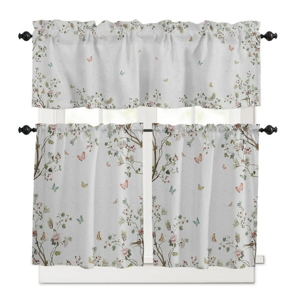 Spring Flowers Kitchen Curtains Valances and Tiers Set of 3, 24 Inch Length Tier Curtains and Valance Rod Pocket Valance Curtains Set for Kitchen Bathroom Small Windows