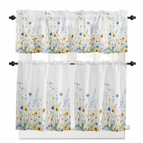 Spring Flowers Kitchen Curtains Valances and Tiers Set of 3 Plants Tier Curtains and Valance Rod Pocket Valance Curtains Set for Kitchen Bathroom Small Windows 27.5"W x 36"L (Pack of 3)