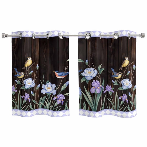Spring Flowers Kitchen Curtains Window Panels, Blue Floral Leaves Birds Country Farm Wood Grain Insulated Window Treatment Curtain, Grommet Curtains for Bedroom/Living Room, 2 Piece 27.5"Wx39"L