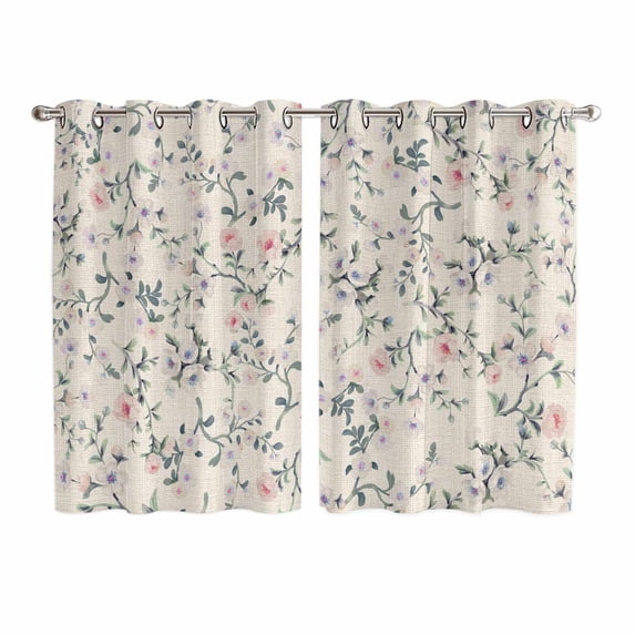 Spring Flowers Kitchen Curtains Window Panels, Blue Pink Floral Leaves Farmhouse Vintage Plants Insulated Window Treatment Curtain, Grommet Curtains for Bedroom/Living Room, 2 Piece 52"Wx63"L