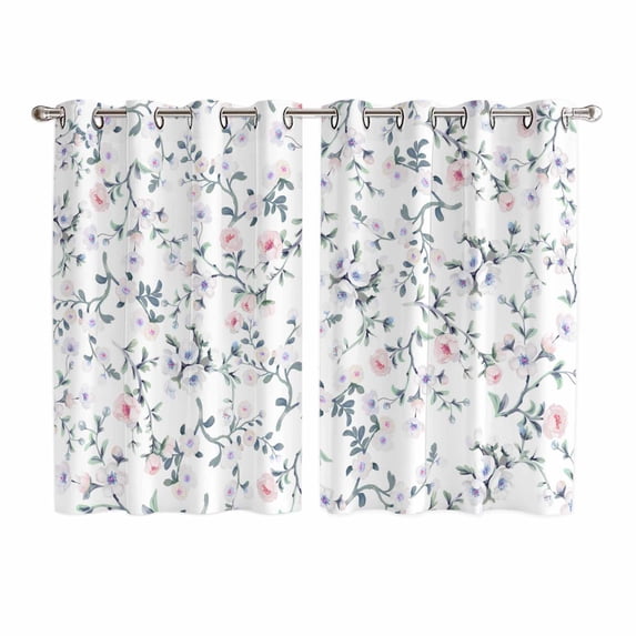 Spring Flowers Kitchen Curtains Window Panels, Blue Pink Floral Leaves Pastoral Botanical Insulated Window Treatment Curtain, Grommet Curtains for Bedroom/Living Room/Bathroom, 2 Piece 52"Wx72"L