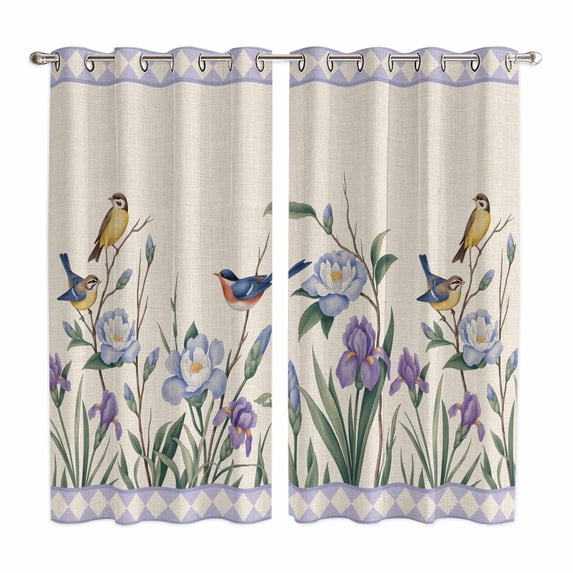 Spring Flowers Kitchen Curtains Window Panels, Vintage Floral Leaves Birds Farmhouse Plaid Insulated Window Treatment Curtain, Grommet Curtains for Bedroom/Living Room/Bathroom, 2 Piece 42"Wx63"L