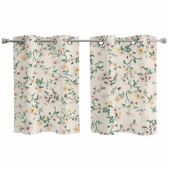 Spring Flowers Kitchen Curtains Window Panels, Yellow Pink Floral Leaves Vintage Country Plants Insulated Window Treatment Curtain, Grommet Curtains for Bedroom/Living Room, 2 Piece 27.5"Wx39"L