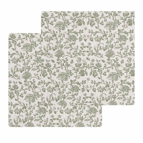 Spring Flowers Kitchen Dish Towels for Drying Dishes Set of 2, Farmhouse Sage Green Pastoral Floral Leaf Waffle Weave Microfiber Hand Tea Bathroom Towels Quick Dry & Absorbent Towel 12x12