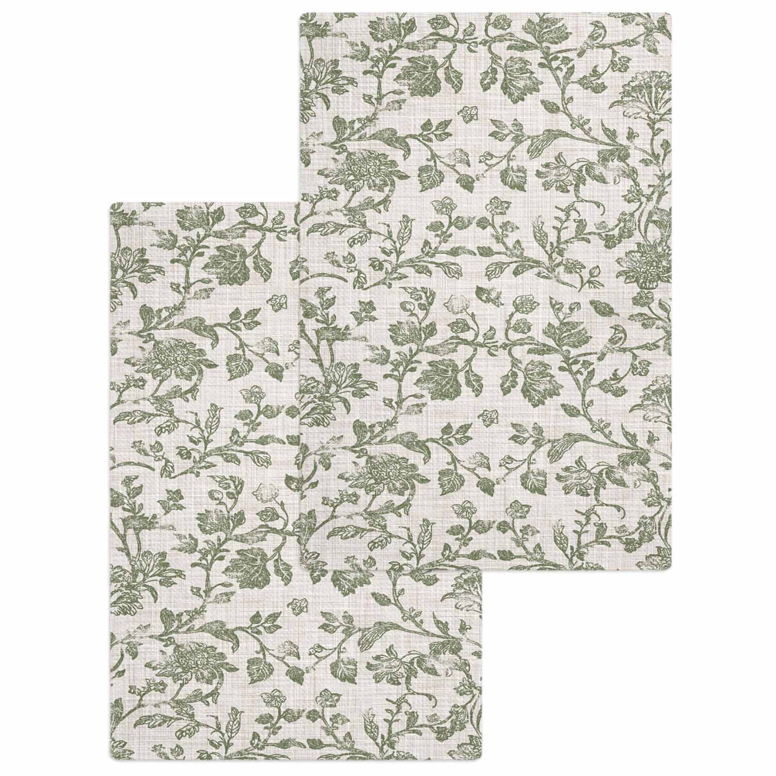 Spring Flowers Kitchen Dish Towels for Drying Dishes Set of 2, Farmhouse Sage Green Pastoral Floral Leaf Waffle Weave Microfiber Hand Tea Bathroom Towels Quick Dry & Absorbent Towel 15.7x23.6