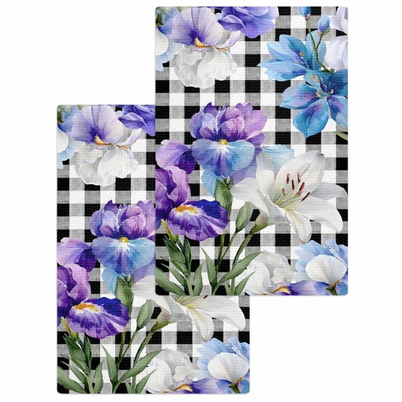 Spring Flowers Kitchen Dish Towels for Drying Dishes Set of 2, Watercolor Blossom Floral Black Plaid Waffle Weave Microfiber Hand Tea Bathroom Towels Quick Dry & Absorbent Towel 15.7x23.6