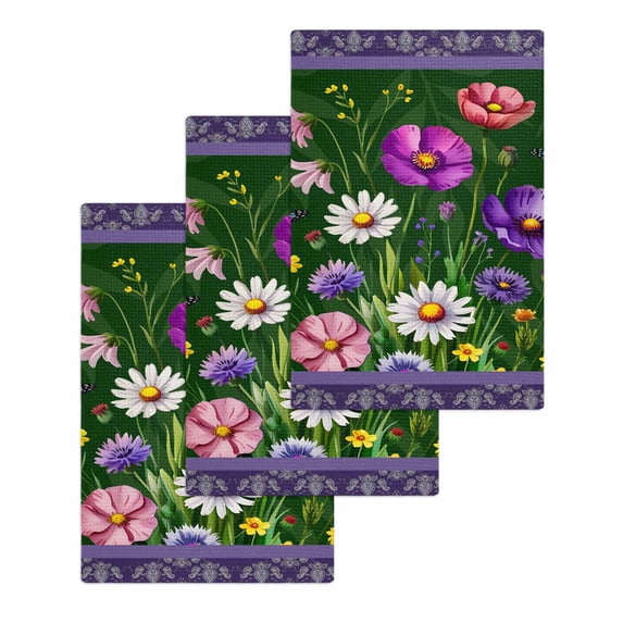 Spring Flowers Kitchen Dish Towels for Drying Dishes Set of 3, Boho Botanical Budding Garden Florals Waffle Weave Microfiber Hand Tea Bathroom Towels Quick Dry & Absorbent Towel 15.7x23.6