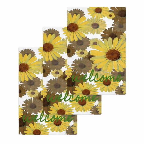 Spring Flowers Kitchen Dish Towels for Drying Dishes Set of 3, Farmhouse Botanical Brown Yellow Daisy Waffle Weave Microfiber Hand Tea Bathroom Towels Quick Dry & Absorbent Towel 15.7x23.6