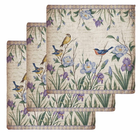 Spring Flowers Kitchen Dish Towels for Drying Dishes Set of 3, Vintage Floral Leaves Birds Pastoral Botanical Waffle Weave Microfiber Hand Tea Bathroom Towels Quick Dry & Absorbent Towel 12x12