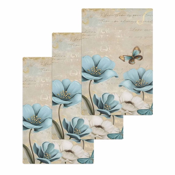 Spring Flowers Kitchen Dish Towels for Drying Dishes Set of 3, Vintage Rustic Tulips Floral Butterfly Khaki Waffle Weave Microfiber Hand Tea Bathroom Towels Quick Dry & Absorbent Towel 15.7x23.6