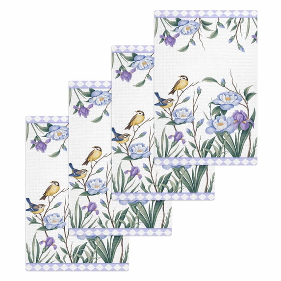 Spring Flowers Kitchen Dish Towels for Drying Dishes Set of 4, Vintage Blue Floral Leaves Birds Rustic Plants Waffle Weave Microfiber Hand Tea Bathroom Towels Quick Dry & Absorbent Towel 15.7x23.6