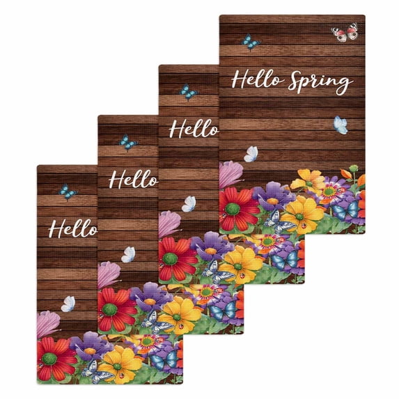 Spring Flowers Kitchen Dish Towels for Drying Dishes Set of 4, Watercolor Farmhouse Colorful Wooden Grain Waffle Weave Microfiber Hand Tea Bathroom Towels Quick Dry & Absorbent Towel 15.7x23.6