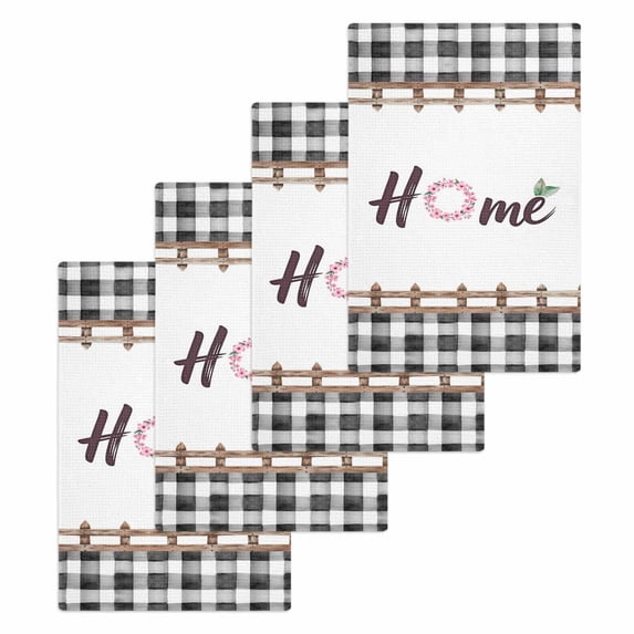 Spring Flowers Kitchen Dish Towels for Drying Dishes Set of 4, Watercolor Floral Leaf Black Plaid Waffle Weave Microfiber Hand Tea Bathroom Towels Quick Dry & Absorbent Towel 15.7x23.6