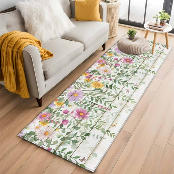 Spring Flowers Kitchen Runner Rug 2x6 Washable Runners for Hallway Non Slip Watercolor Floral Leaves Wooden Grain Large Area Rug Indoor Floor Carpet for Bathroom Laundry Entryway Bedroom Living Room