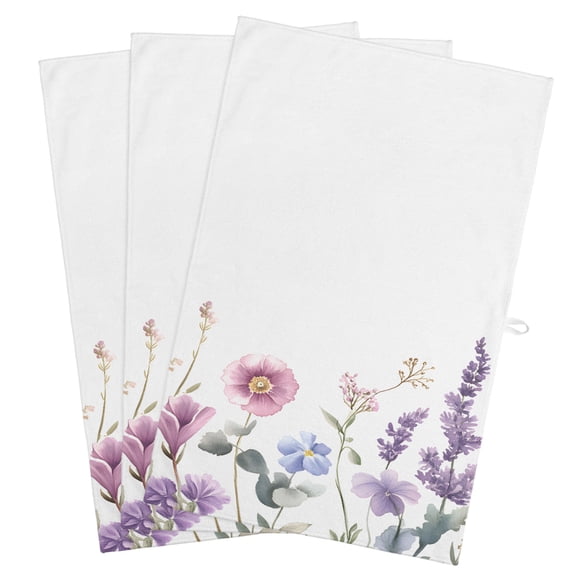 Spring Flowers Kitchen Towels, Absorbent Microfiber Kitchen Dish Hand Tea Bath Towel, Idyllic Lavender Botanical Blossom Motif Quick Dry Cleaning Cloth Dishclothes Decorative Sets, (3-PC, 18x28)