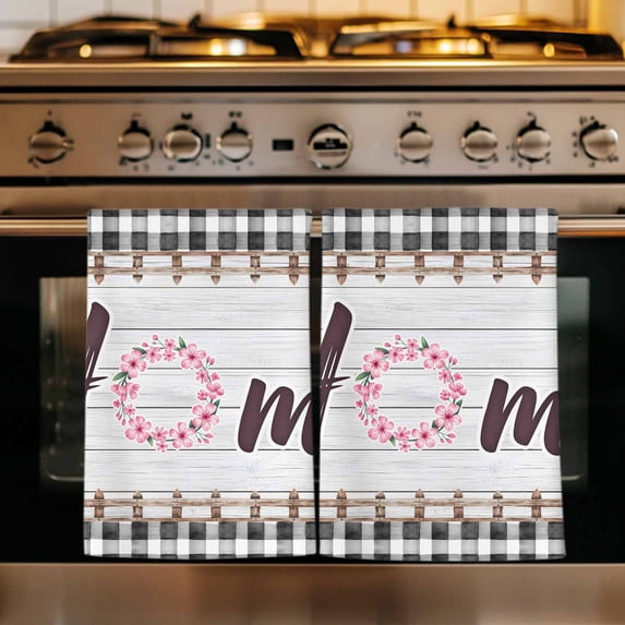 Spring Flowers Kitchen Towels Set of 1, Farmhouse Watercolor Black Plaid Wood Grain Absorbent Dish Towels for Kitchen, Microfiber Hand Towel, Quick Drying Tea Towel for Cleaning Decorative Dishcloths