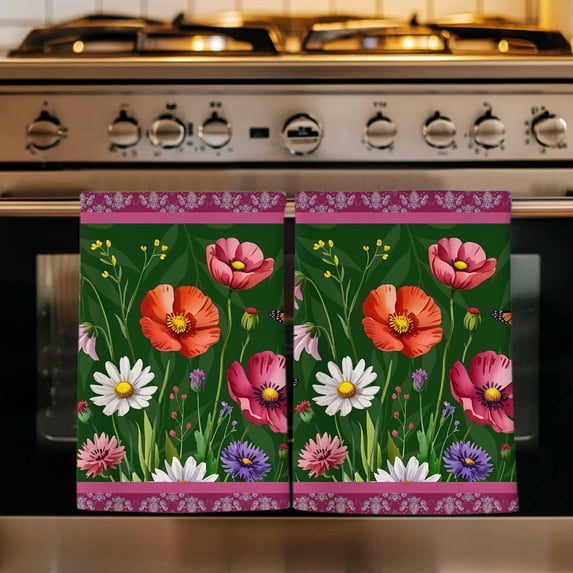 Spring Flowers Kitchen Towels Set of 1, Purple Boho Farmhouse Botanical Florals Absorbent Dish Towels for Kitchen, Microfiber Hand Towel, Quick Drying Tea Towel for Cleaning Decorative Dishcloths
