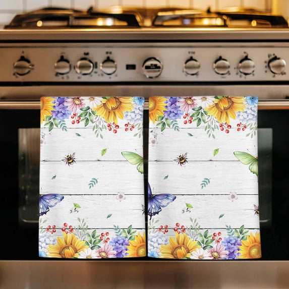 Spring Flowers Kitchen Towels Set of 1, Watercolor Sunflowers Daisy Butterflies Wood Absorbent Dish Towels for Kitchen, Microfiber Hand Towel, Quick Drying Tea Towel for Cleaning Dishcloths