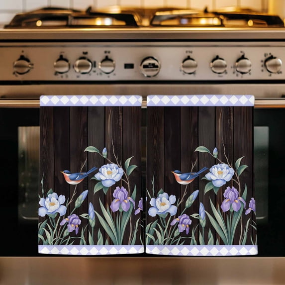Spring Flowers Kitchen Towels Set of 2, Blue Floral Leaves Birds Country Farm Wood Grain Absorbent Dish Towels for Kitchen, Microfiber Hand Towel, Quick Drying Tea Towel for Cleaning Dishcloths