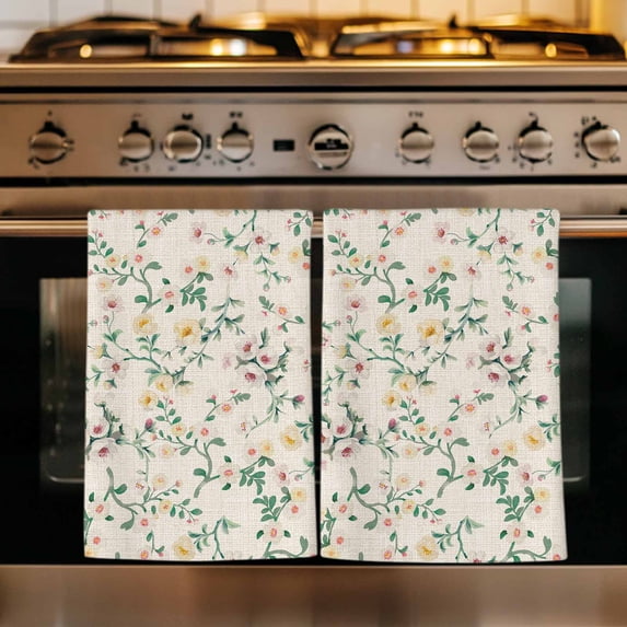 Spring Flowers Kitchen Towels Set of 2, Yellow Pink Floral Leaves Vintage Country Plants Absorbent Dish Towels for Kitchen, Microfiber Hand Towel, Quick Drying Tea Towel for Cleaning Dishcloths